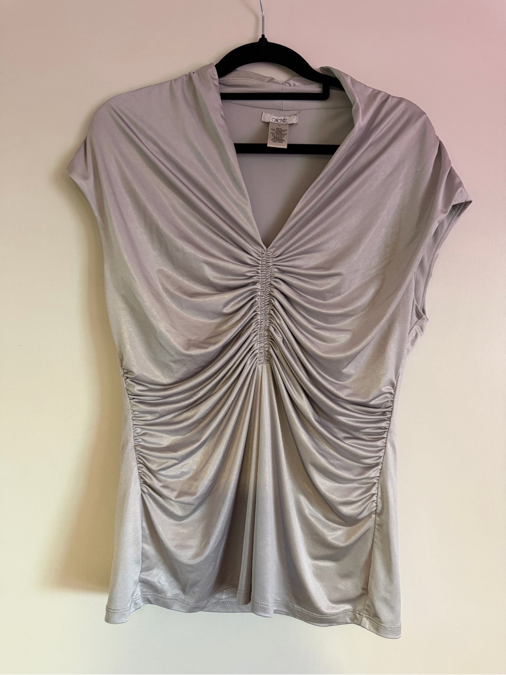 Y2K Cache Silver-Tone Ruched V-Neck Blouse- medium